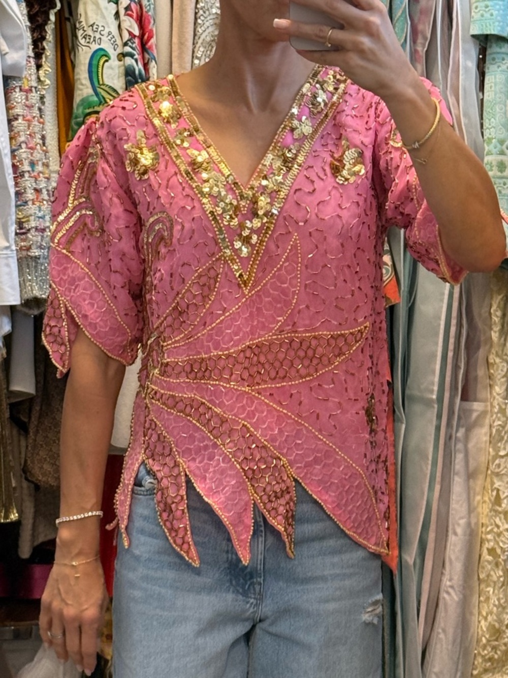 Vintage Beaded V-Neck Pink Embellished Women’s Top